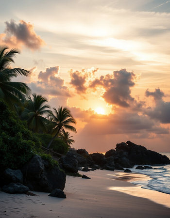 Tropical beach with palm trees at sunset, Seychellesの写真素材