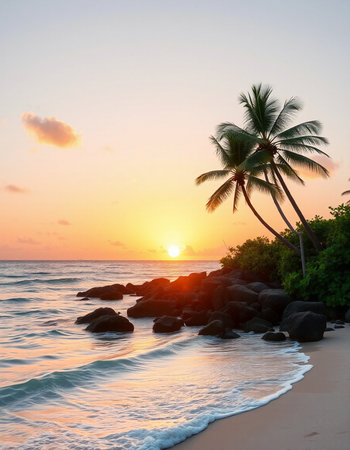 Beautiful tropical beach and sea with coconut palm tree at sunset time - Holiday Vacation concept