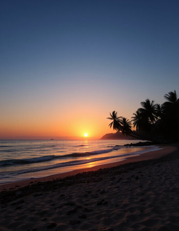 Sunset on the beach with palm trees in the foreground, Sri Lanka