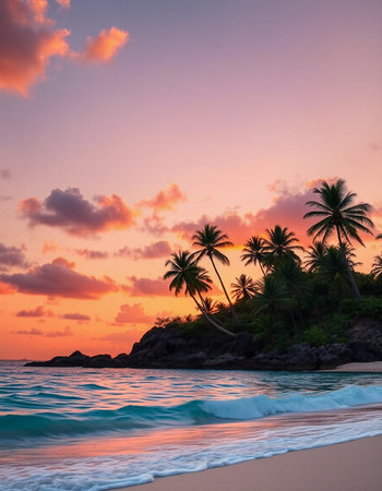 Palm trees on the beach at sunset, Seychellesの写真素材