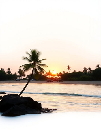 Tropical beach at sunset with palm trees and rocks in the foreground