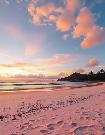 Beautiful sunset on the beach at Seychelles, Maheの写真素材