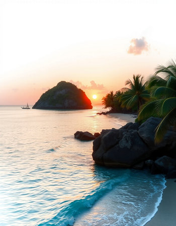 Beautiful sunset on the tropical beach with palm trees and rocks.の写真素材