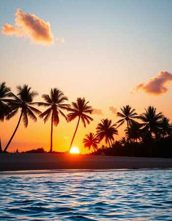 Beautiful Silhouette palm tree at sunset timeの写真素材