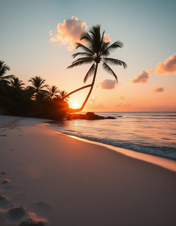 Beautiful sunset on the beach with palm trees. Nature composition.