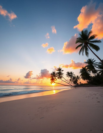 Beautiful sunset on the beach with coconut palm trees and blue skyの写真素材