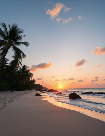 Tropical beach with palm trees at sunset, Seychelles