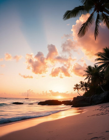 Tropical beach at beautiful sunset, Seychelles.