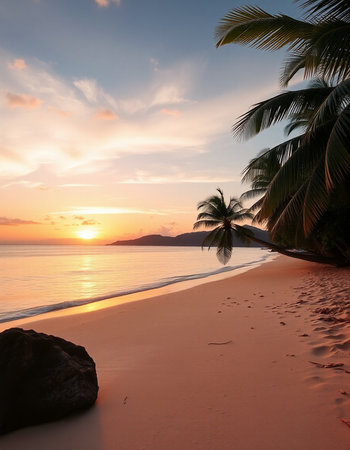 Palm tree on the beach at sunset. Beautiful tropical landscape.