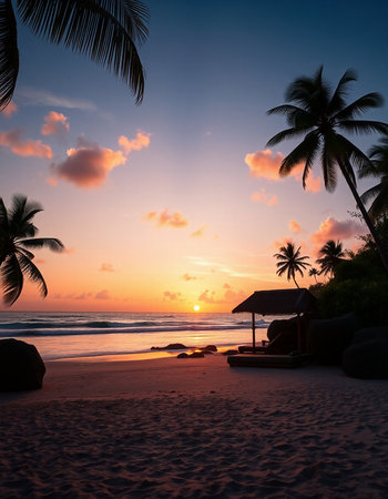 Beautiful tropical beach and sea with coconut palm tree at sunset time - Holiday Vacation conceptの写真素材