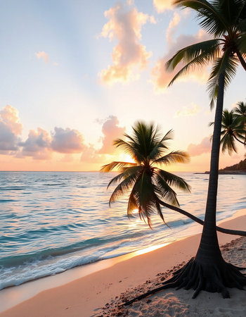 Tropical beach with palm trees at sunset, Seychellesの写真素材