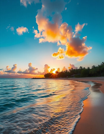 Beautiful sunset on the tropical beach. Nature background. Landscape.