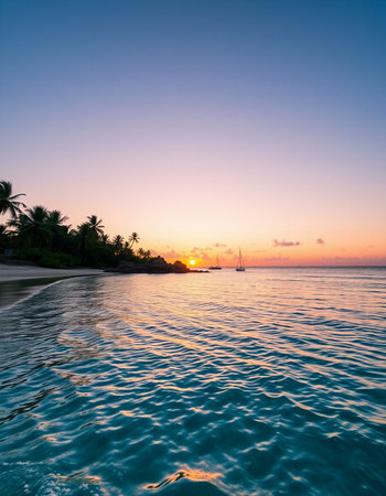 Tropical beach with palm trees at sunset, Seychellesの写真素材