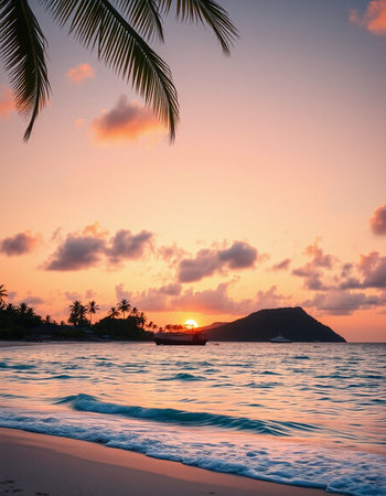 Beautiful sunset on the beach with palm tree and boat in the foreground