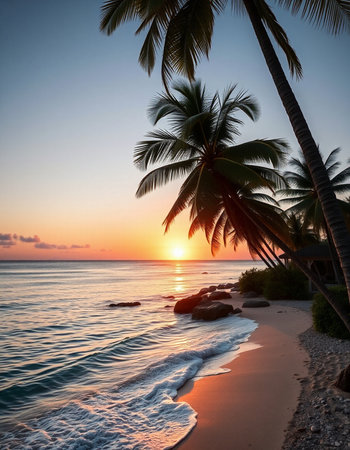 Beautiful sunset on the beach with palm trees and sand. Beautiful background.の写真素材