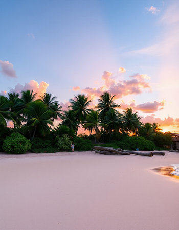 Beautiful tropical beach and sea with coconut palm tree at sunset time - Holiday Vacation conceptの写真素材