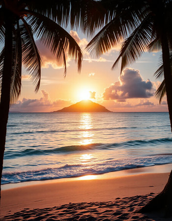 Tropical beach with coconut palm trees at sunset, Seychellesの写真素材