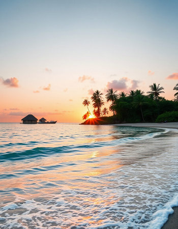 Beautiful sunset on the beach with coconut palm trees. Maldivesの写真素材