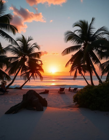 Beautiful sunset on the beach with palm trees, Maldives.