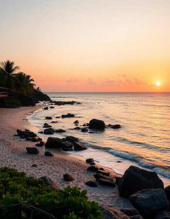 Beautiful sunset on the beach with rocks and palm trees in foreground