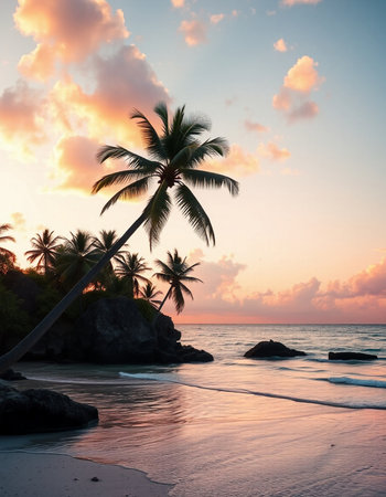 Tropical beach with palm trees at sunset, Seychelles