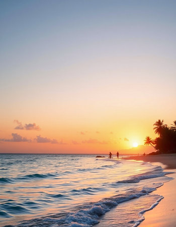 Beautiful tropical beach and sea with coconut palm tree at sunset time - Holiday Vacation conceptの写真素材