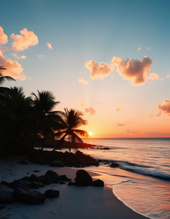 Beautiful sunset on the beach with coconut palm trees and rocks.の写真素材