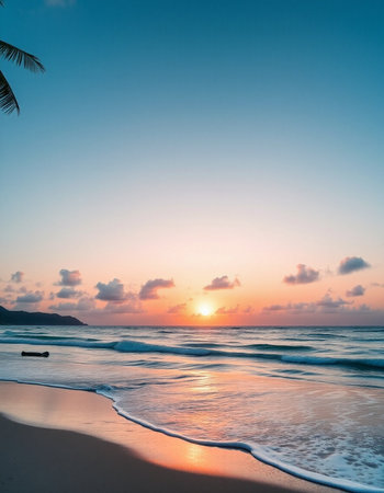 Beautiful tropical beach and sea with coconut palm tree at sunset time - Holiday Vacation conceptの写真素材