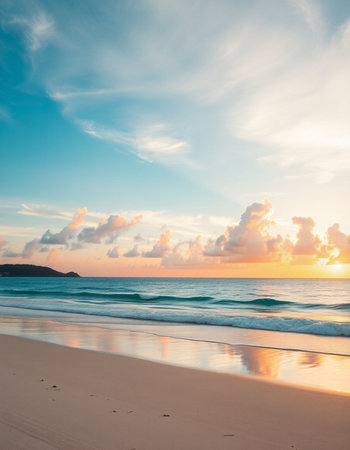 Beautiful tropical beach and sea at sunset time - Holiday Vacation conceptの写真素材