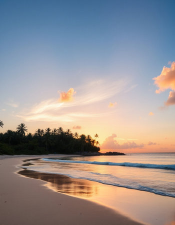 Tropical beach with palm trees at sunset in Sri Lanka.
