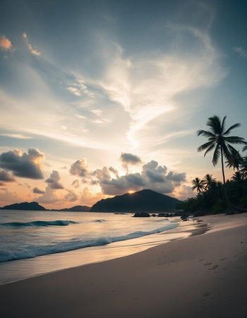 Tropical beach with palm trees at sunsetの写真素材