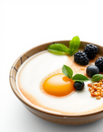 Yogurt with Fresh Berries and Egg Yolk on White Background