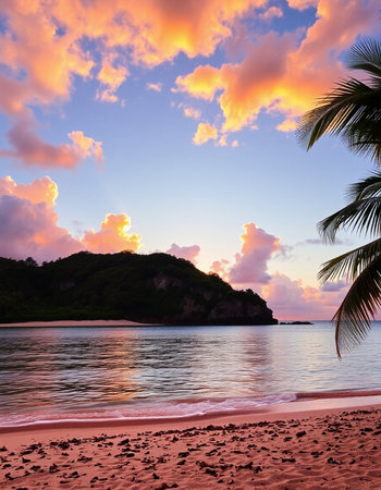 Beautiful sunset on the beach at Seychelles, Praslinの写真素材