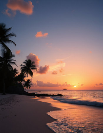 Tropical beach with coconut palm trees at sunset, Seychellesの写真素材