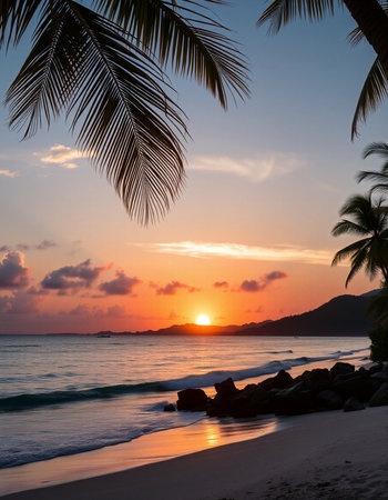 Tropical beach with palm trees at sunset. Seychellesの写真素材