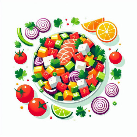 Salad with salmon, tomato, cucumber, onion, parsley, lemon and mayonnaise in a plate on a white backgroundのイラスト素材