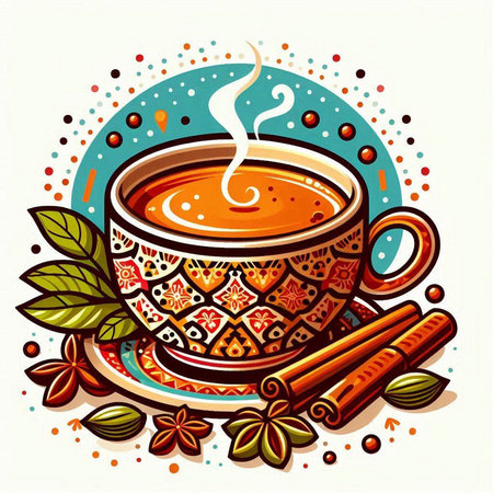 Cup of hot tea with cinnamon and star anise. Vector illustration.のイラスト素材