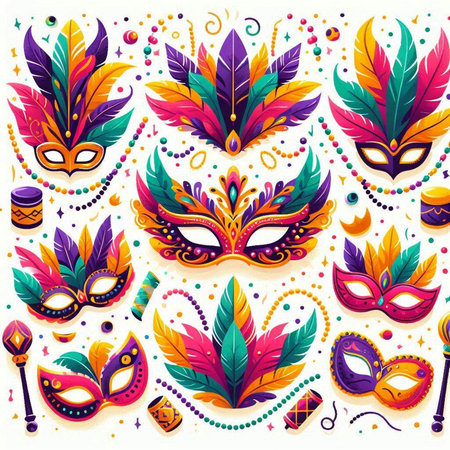 Set of colorful carnival masks with feathers and beads. Vector illustration.のイラスト素材