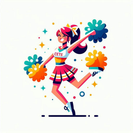 Cheerleader with flowers. Cheerful cheerleader. Vector illustrationのイラスト素材