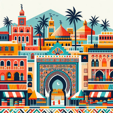 Seamless pattern with mosque, shops and palm trees. Vector illustration.のイラスト素材