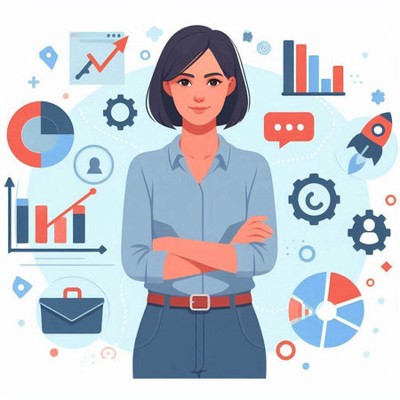 Business woman standing with crossed arms. Vector illustration in flat style.のイラスト素材