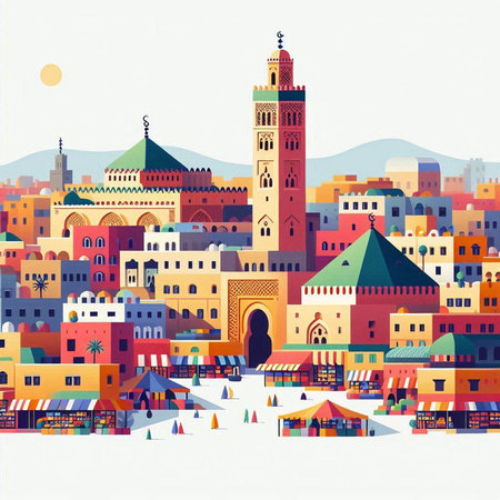 Colorful cityscape with mosque, fair and fairground. Vector illustration.のイラスト素材