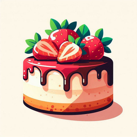 Strawberry cake with cream and strawberries. Vector illustration in flat style.のイラスト素材