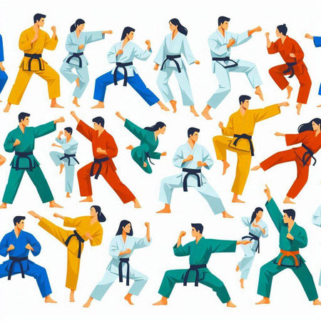 Seamless pattern with karate poses. Vector illustration in cartoon style.のイラスト素材