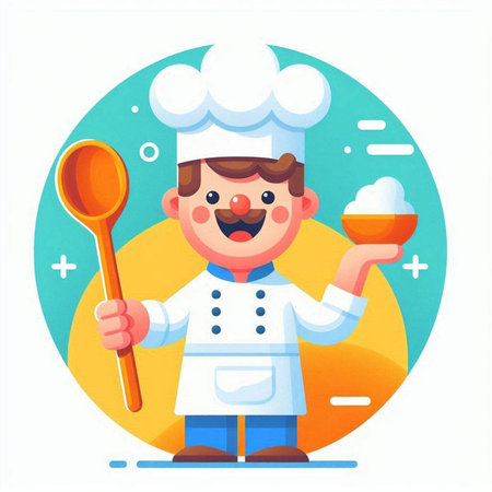 Cartoon chef with ladle. Vector illustration in flat style.のイラスト素材