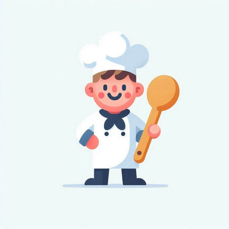 Cute cartoon chef with wooden spoon. Vector illustration in flat styleのイラスト素材