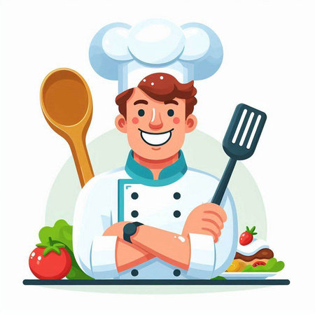 Chef with a spoon and a plate of food. Vector illustrationのイラスト素材