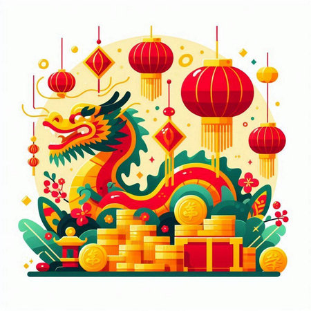 Chinese New Year vector illustration with dragon and chinese lanterns.のイラスト素材
