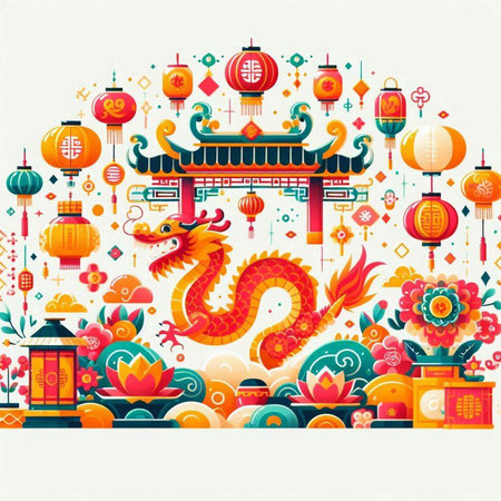Chinese New Year background with lanterns and dragon. Vector illustration.のイラスト素材
