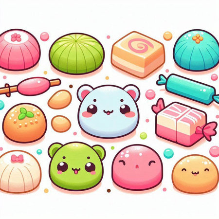 Vector illustration of cute cartoon kawaii sweets on white background.のイラスト素材